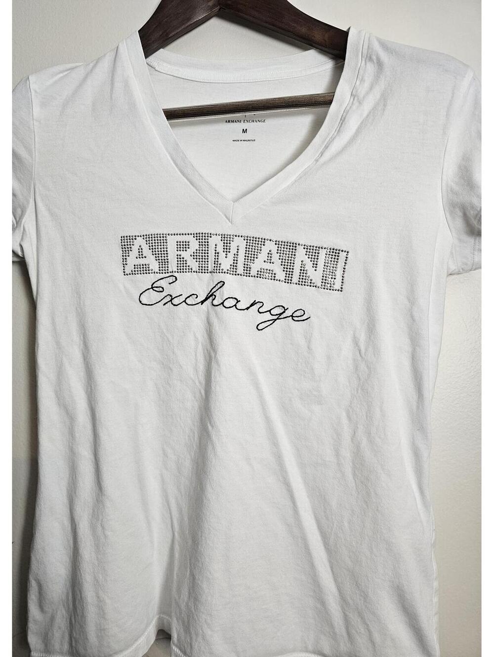 Armani Exchange T-Shirt White Women M Rhinestone Logo